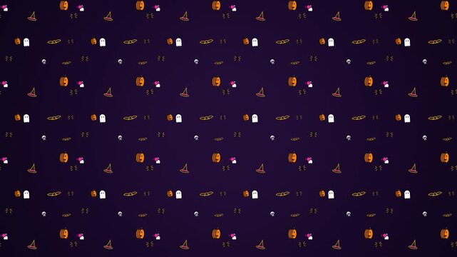 A pristine professional  motion graphic featuring an ultra-rich seamless repeating Halloween pattern composed entirely of hand-drawn vector elements including pumpkins, ghosts,