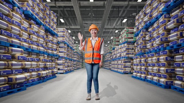 Full Body Of Asian Female Engineer With Safety Helmet Smiling To Camera And Waving Hand Saying Bye While Standing at Warehouse Stacked Cement Bags Pallets