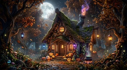 Fototapeta premium Magical Witch Cottage in an Autumn Forest at Night 