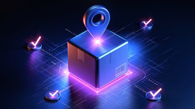 Logistics tracking with glowing package and location pin