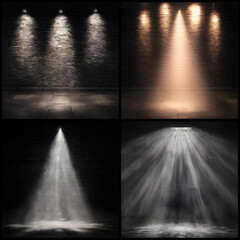 Obraz premium Spotlight on Dark Metallic Wall with Brushed Steel Texture, Abstract Silver Background with Dramatic Blue Light, Motion Blur and Industrial Grunge Design