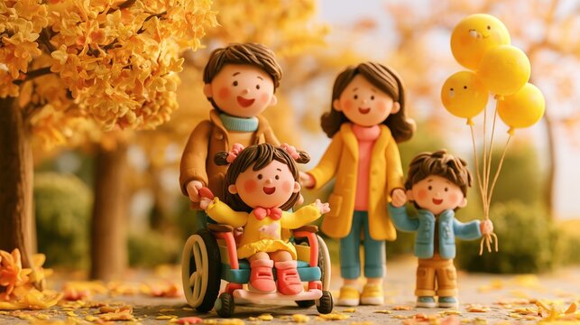 National Spina Bifida Awareness Month: 3D claymation-style illustration of a happy family in an autumn park, a father pushing a smiling little girl in a colorful wheelchair