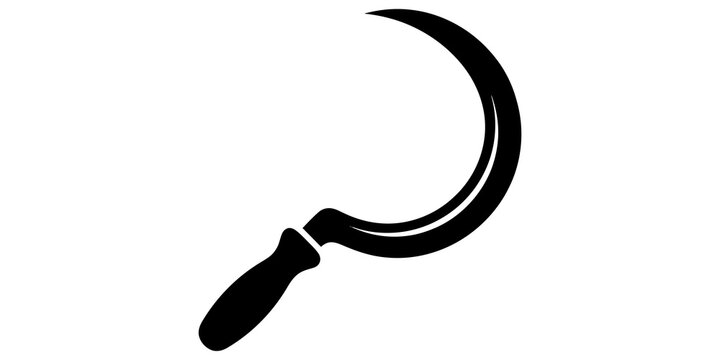 Traditional metal sickle silhouette icon for agricultural farming and gardening design concepts.