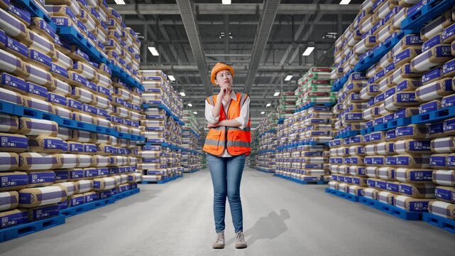 Full Body Of Asian Female Engineer With Safety Helmet Thinking And Looking Around Then Raising Her Index Finger While Standing at Warehouse Stacked Cement Bags Pallets