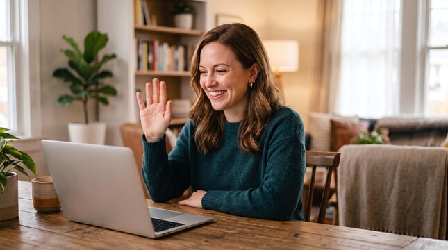 Cheerful Woman Waving Hand at Laptop Screen During Online Class or Video Call at Home