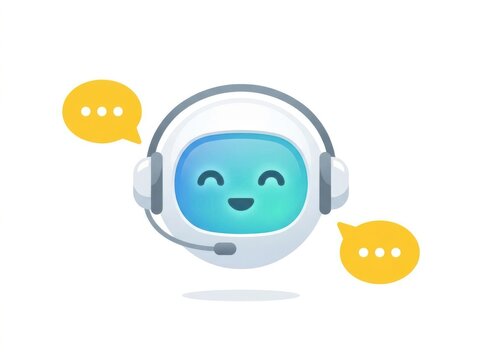 Cute cartoon chatbot icon with speech bubbles, representing customer service.