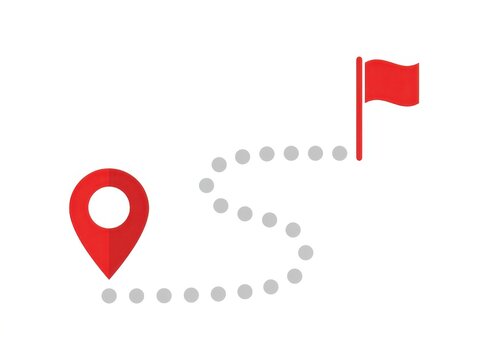 Red map pin and dotted line show route from start point to finish flag destination.