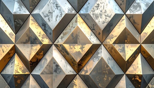 Abstract geometric wall panel with metallic diamond shapes and reflective textured surfaces for modern architectural