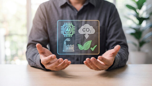 AI carbon emission reduction and net zero concept, man presenting AI chip, co2 cloud with down arrow, factory and green leaf hologram for climate sustainability and esg goal