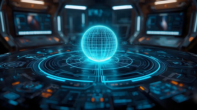 Futuristic command center with a glowing holographic blue globe map interface in a high-tech spaceship interior