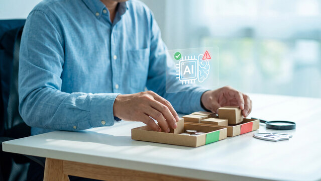 AI fraud detection and risk screening concept, man sorting parcel box and coin into green and red tray with magnifier and shield, AI chip checkmark and warning for audit