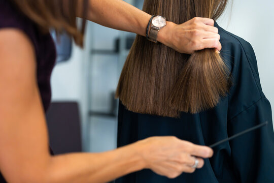 Professional hairstylist cutting customer's long brown hair in a modern salon