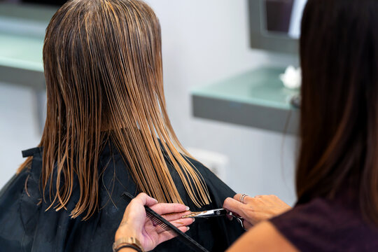 Hairdresser cutting client's wet hair, creating new style in salon