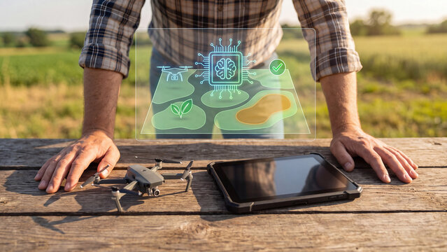 AI precision agriculture and smart farming concept, farmer with drone and rugged tablet in field, AI crop map hologram with leaf and drone for crop monitoring and yield analytics