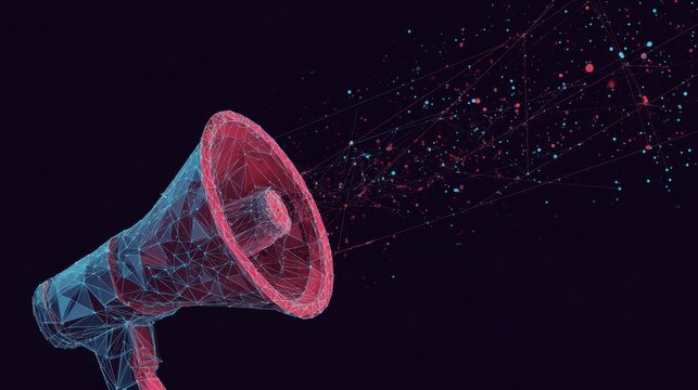 Digital marketing low poly wireframe illustration with 3d computer, megaphone, online advertising notifications, targeted promotion, connected dots, and polygonal digital network mesh art