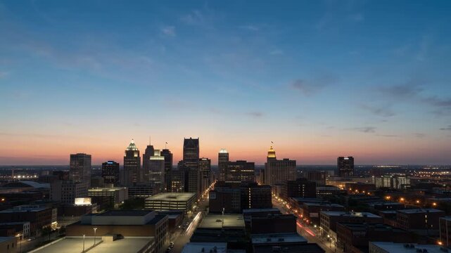 Detroit downtown skyline sunset to night time lapse with illuminating city lights