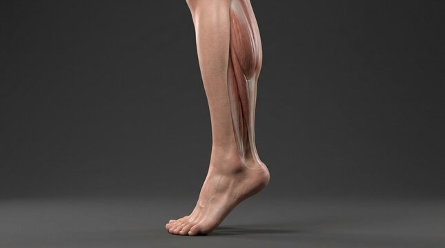 Side profile of a human lower leg and foot demonstrating a transparent muscle overlay of the gastrocnemius, soleus, and Achilles tendon.
