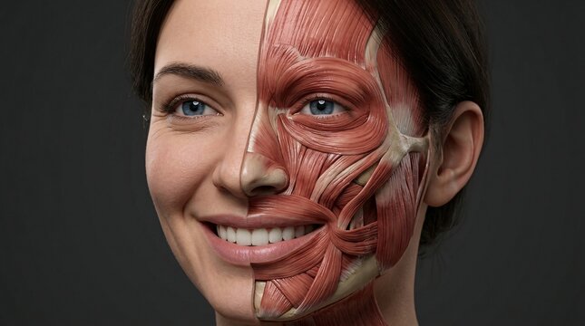 Frontal portrait of a smiling woman with a half-and-half anatomical split, revealing the zygomaticus major, orbicularis oculi, and risorius muscles involved in a smile.