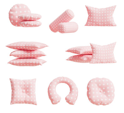 Pink pillow and cushion 3d set with white geometric star pattern. Cozy decorative shapes - rectangular stack, round, square, bolster and travel neck. Cute bedding for girls bedroom