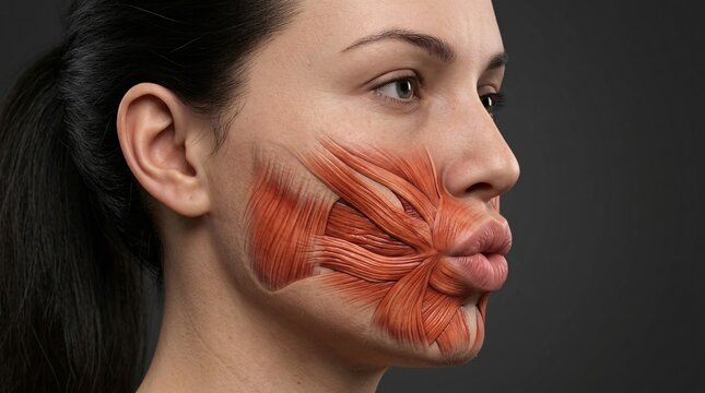 Side profile of a woman puckering her lips, featuring a transparent anatomical overlay showing the orbicularis oris, risorius, buccinator, and masseter muscle fibers.