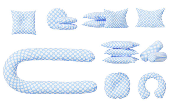 Blue pillows 3d set with white polka dot pattern. Pregnancy U shape body, travel neck, round, square, rectangular, bolster and stacked cushions. Home textiles, bedding for boys room