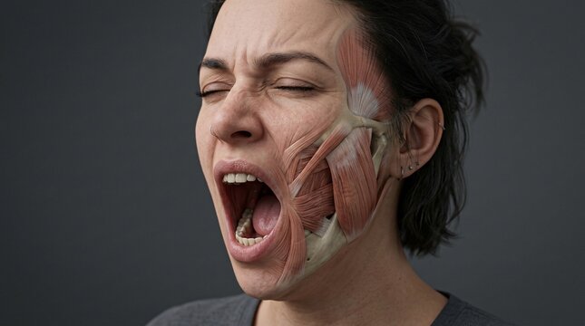 Side perspective of a screaming female face featuring a transparent overlay showing deep facial muscles, masseter contraction, and the underlying mandible bone.