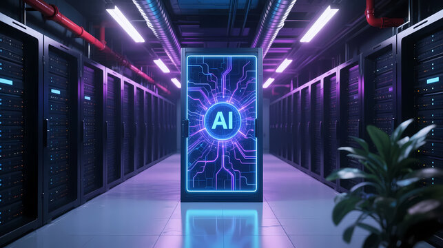 Blue holographic ai logo in server room