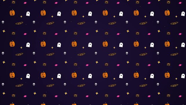 A pristine commercial-grade 4K seamless motion graphic pattern featuring hand-drawn vector Halloween icons including pumpkins, ghosts, bats, skulls, spiders, candies, and stars. The entire tileable 