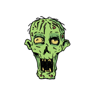 Hand-drawn illustration of a scary zombie head with an open mouth, green skin, and yellow eyes isolated on a white background. Creepy monster icon for Halloween, stickers, and horror themes.