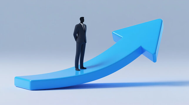 Businessman standing on blue upward arrow