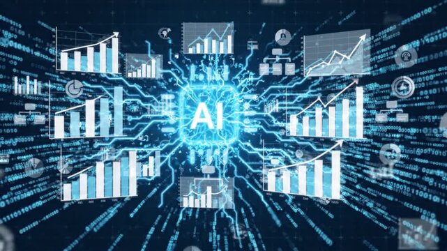 Artificial intelligence and machine learning concept with financial charts and data analysis on digital circuit network background