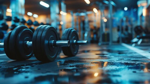Close-up of Dumbbells on a Gym Floor with Blurred Background