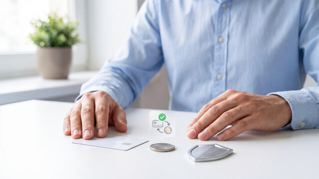 Cashback and card payment refund concept, man with blank credit card, coin and shield on white table, card to coin exchange checkmark for money transfer and purchase protection