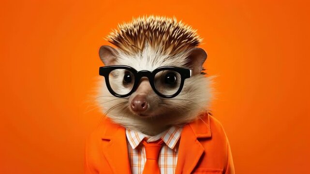 Anthropomorphic Hedgehog in Orange Suit and Glasses