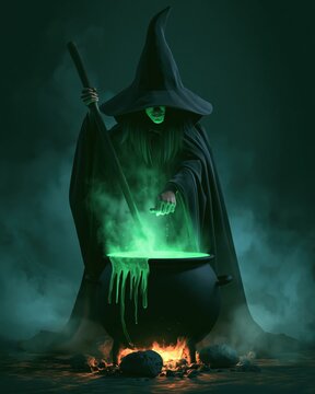 Witch stirring glowing potion in cauldron, dark fantasy Halloween concept