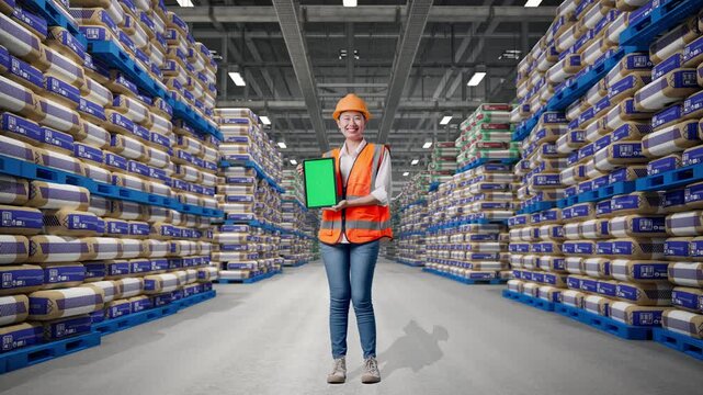 Full Body Of Asian Female Engineer With Safety Helmet Smiling And Showing Green Screen Tablet To The Camera at Warehouse Stacked Cement Bags Pallets