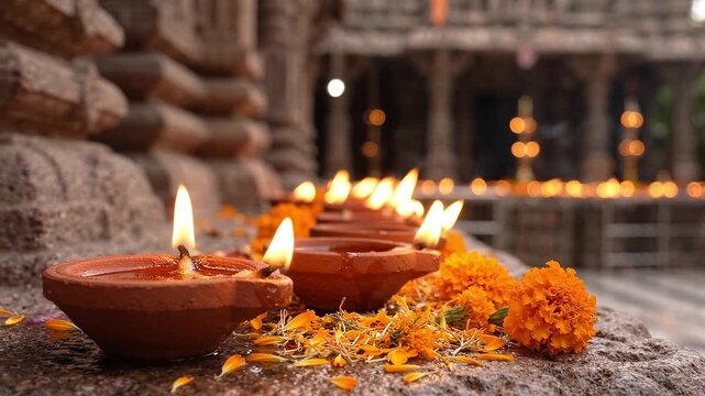 Clay oil lamps burn beside marigold flowers during Diwali, celebrating light, devotion and Hindu tradition.