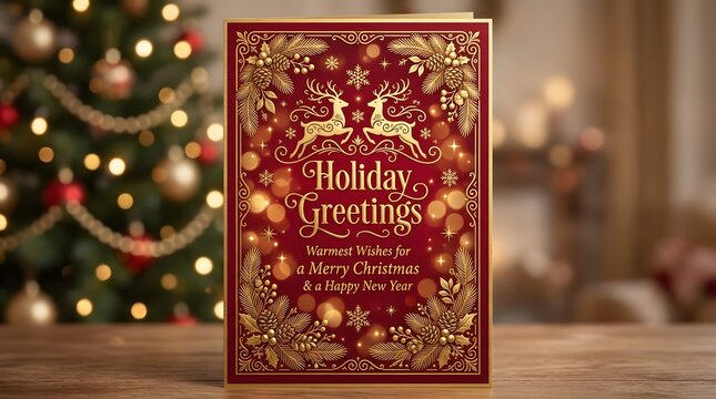 Elegant christmas greeting card with gold reindeer, pine branches, and pinecones on a deep red background, festive holiday season design