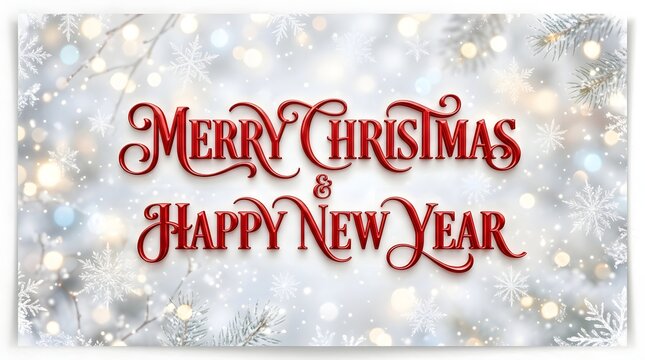 Merry christmas and happy new year text typography on a snowy winter background with bokeh lights and snowflakes