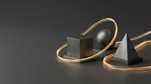 Geometric sculpture with cube, pyramid and golden curve, ai and agi concept showing balance, precision and futuristic technology