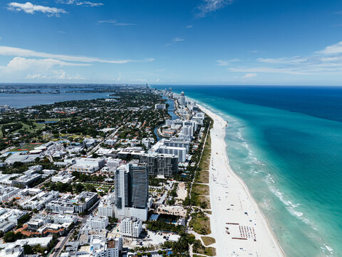 Aerial panorama of Miami Beach, Florida, USA with turquoise Atlantic Ocean and South Beach coastline. g.