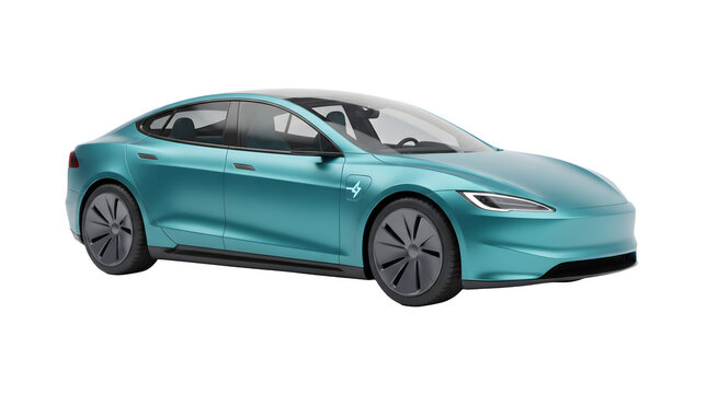 Modern electric sedan car in teal metallic color isolated on transparent background