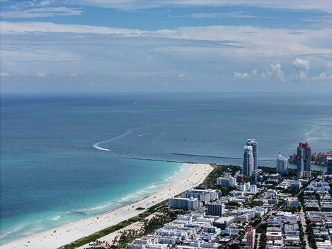 Aerial panorama of Miami Beach, Florida, USA with turquoise Atlantic Ocean and South Beach coastline. g.