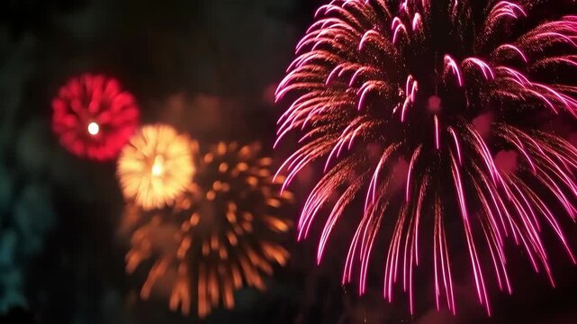 Vibrant pink and orange fireworks exploding in the night sky