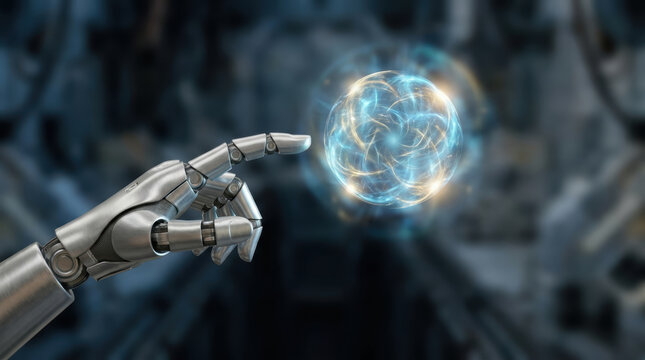 Robotic hand touching glowing ai sphere in futuristic technology setting with agi concept and blue light