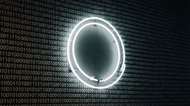 Ai agi binary code glowing ring futuristic technology concept with dark background and illuminated circular portal