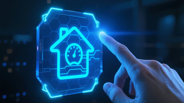 Finger touching glowing blue holographic house icon