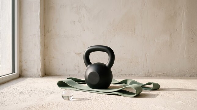 Black kettlebell and green resistance band on a concrete floor for home workout and strength training