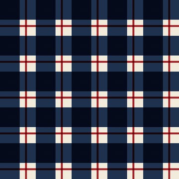 Seamless indigo plaid check pattern with red and cream stripes