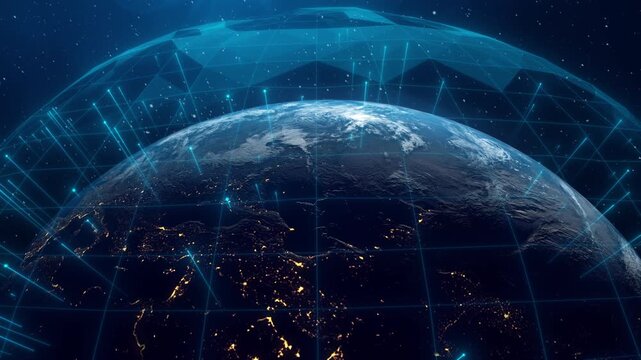 Earth with glowing global connection lines. Satellite communication, 5G network and worldwide data transfer